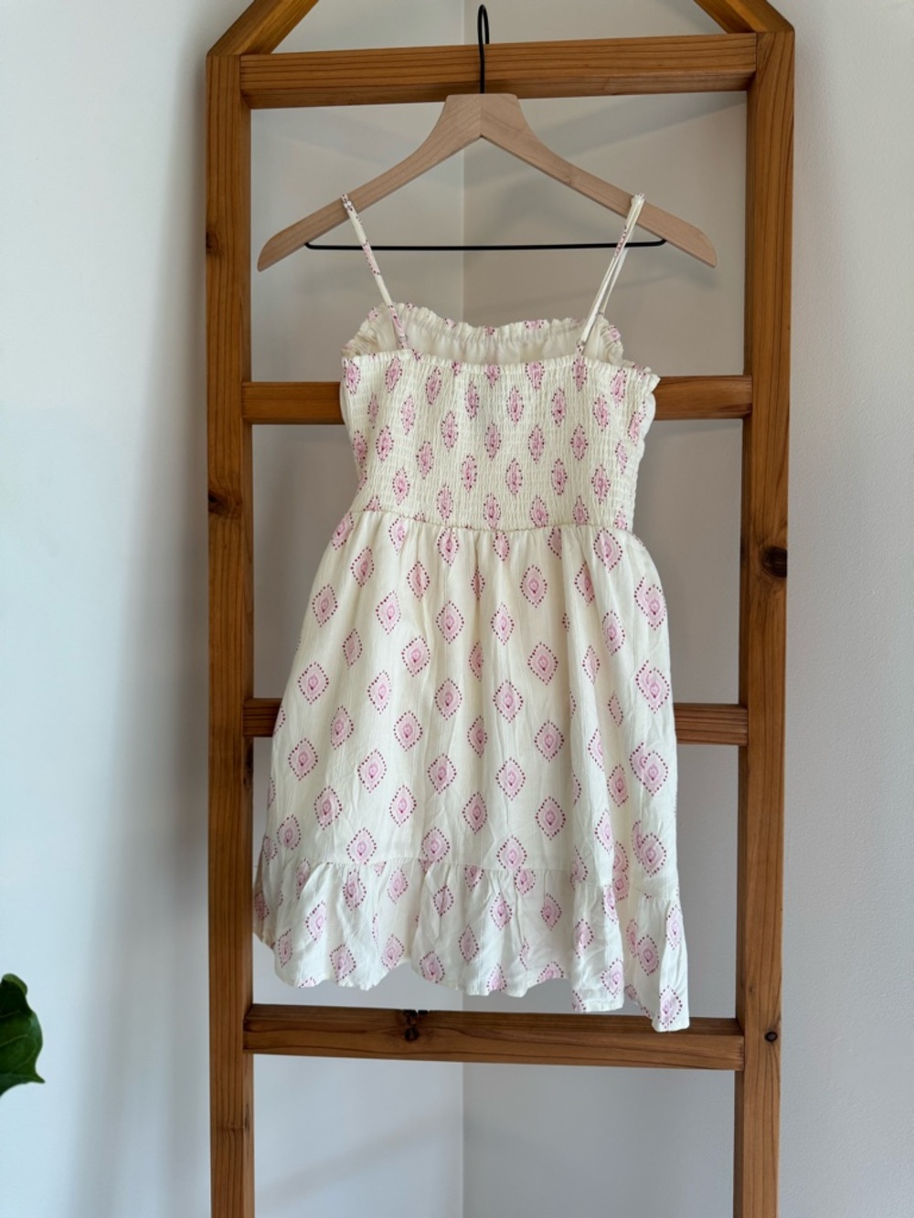 Girls' Cream Sundress with Pink Diamond Print - Spaghetti Strap Casual Dress - Picture 5 of 6